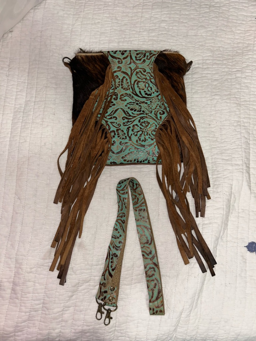 Myra Bag Turquoise and Brown Tooled Fringe Crossbody